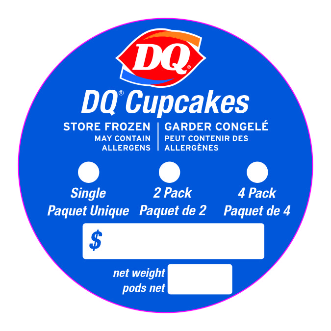 Label for Dairy Queen frozen DQ Cupcakes in French and English.