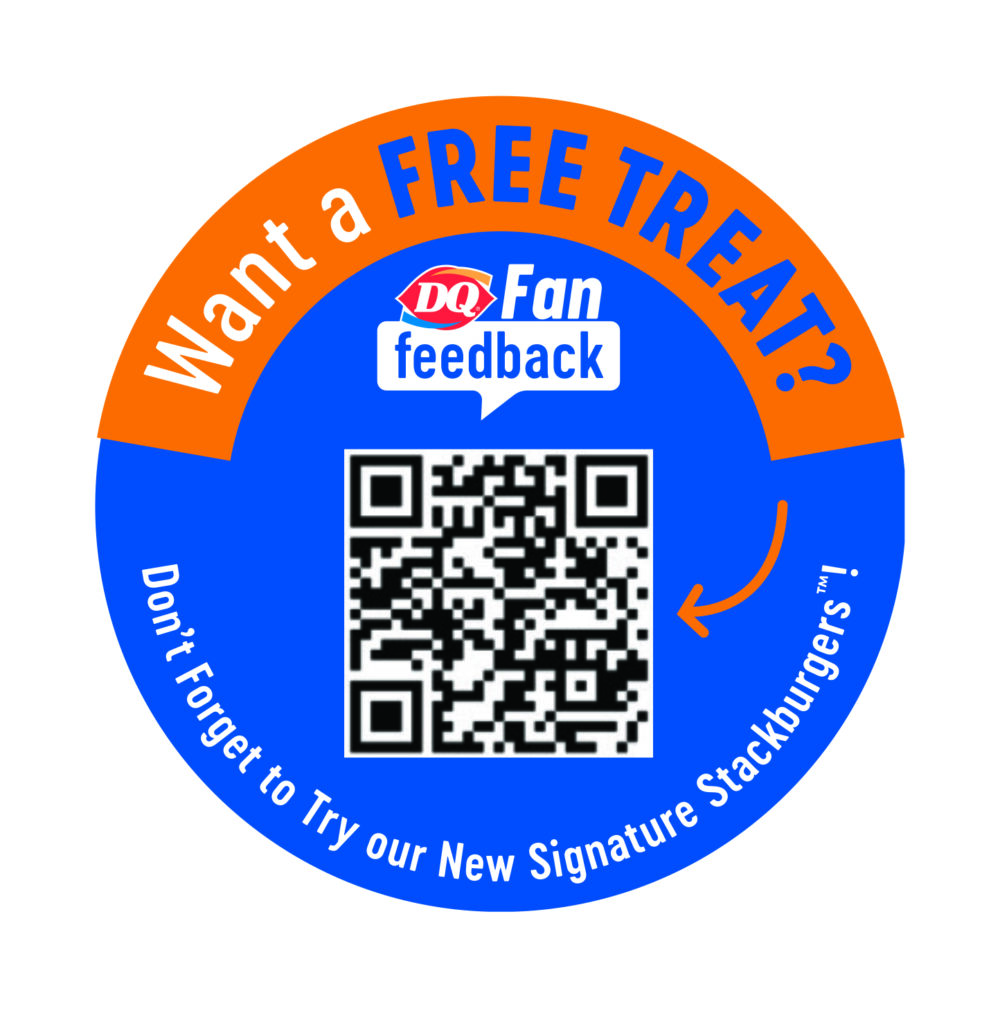 A circular sticker inviting feedback with a QR code for a free treat.