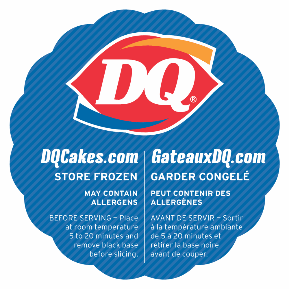 Dairy Queen frozen cake with colorful balloons and DQ logo.