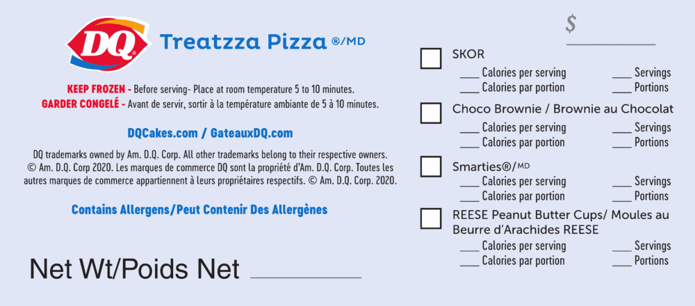 A pizza box with cooking instructions and allergen information in French.