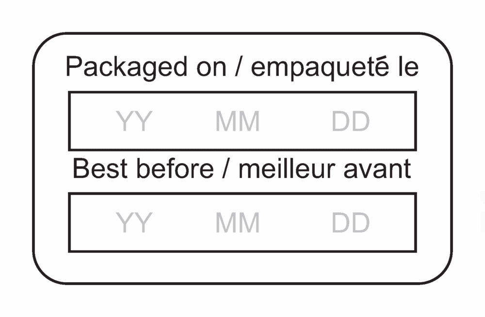 A bilingual food packaging label showing 'Packaged on' and 'Best before' dates fields in English and French.