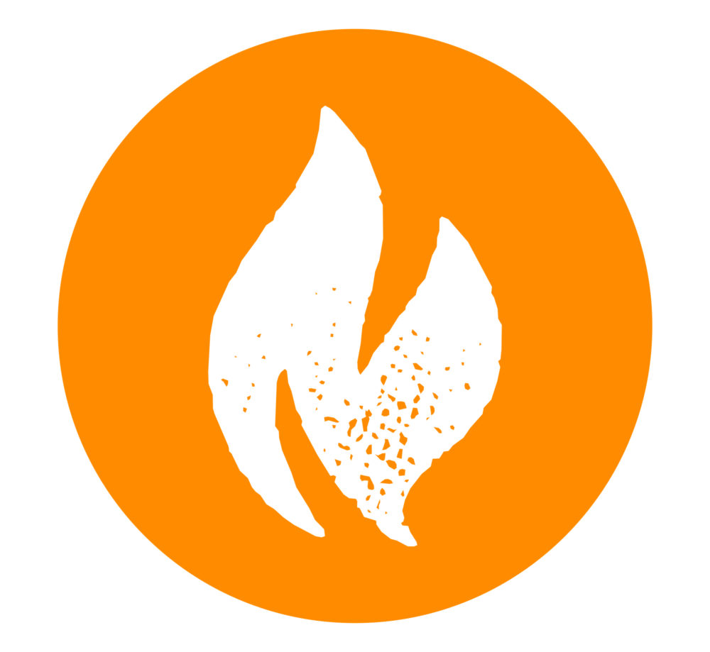 White flame icon inside an orange circle.
